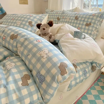 Blue and white checkered duvet cover with cute cartoon puppy prints from cream cartoon printed cotton bedding set decorbites cartoon printed