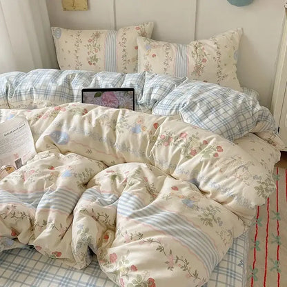 Cream cartoon printed cotton bedding set featuring cream floral and striped duvet with soft pastel accents decorbites cartoon printed