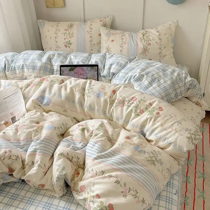 Cream cartoon printed cotton bedding set featuring cream floral and striped duvet with pastel accents for bedroom decorbites cartoon printed style