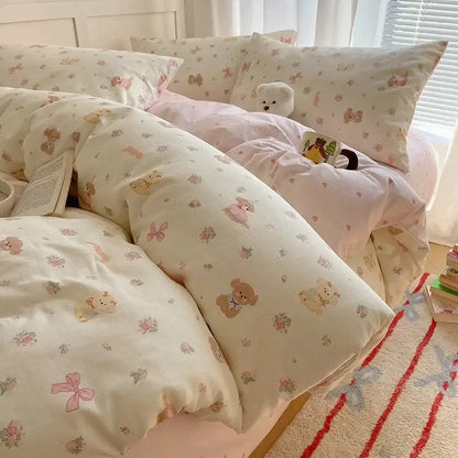 Pastel cream cartoon printed cotton bedding set with embroidered teddy bear and floral patterns for bedroom decorbites decor
