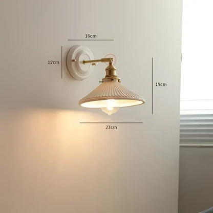 Vintage-style cream ceramic led wall light with ribbed glass shade and copper arm for bedroom decorbites ceramic led wall