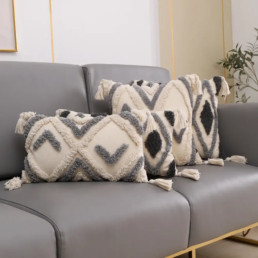 Cream and charcoal grey geometric tufted cushion cover with tassel accents for living room decorbites grey geometric style