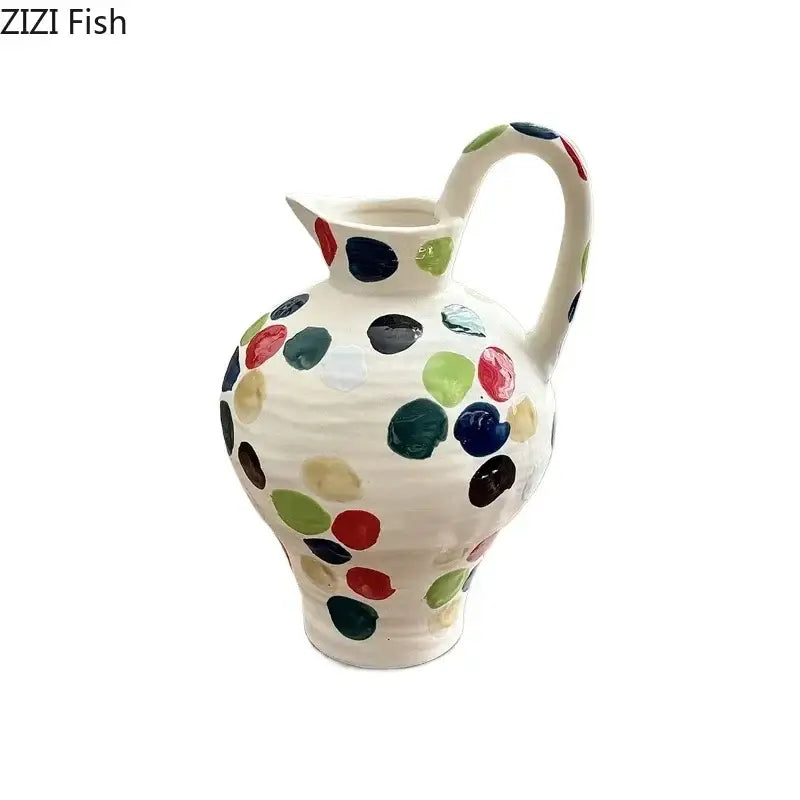 Cream colorful dot ceramic pitcher vase made of white ceramic with hand-painted colorful dot decorbites colorful dot design