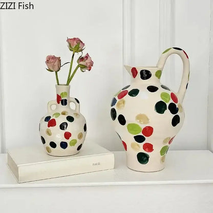 Cream colorful dot ceramic pitcher vase with handle and red green black beige polka dots for kitchen floral decorbites colorful dot decor