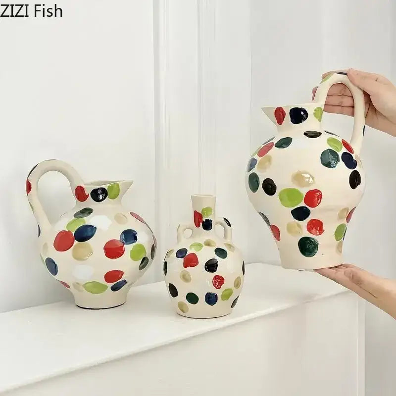 Cream colorful dot ceramic pitcher vase with handle and spout for kitchen floral decor by decorbites colorful dot