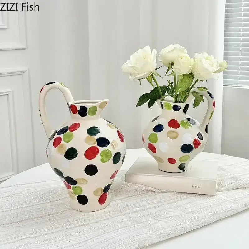Cream colorful dot ceramic pitcher vase with red green black and beige polka dots for kitchen floral decorbites decor
