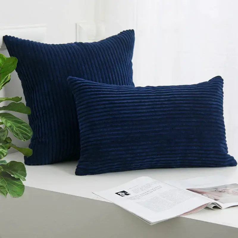 Deep navy blue corduroy striped cushion cover with ribbed texture for living room decorbites corduroy striped pillow