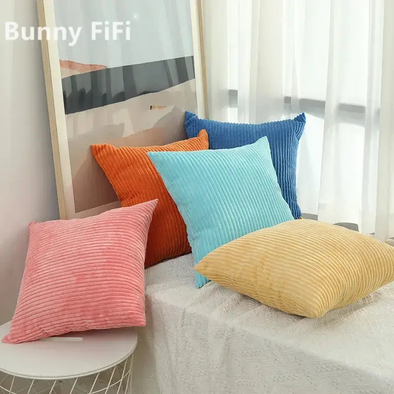 Set of four colorful corduroy striped cushion covers in pink orange blue and yellow for living room decorbites corduroy striped pillows