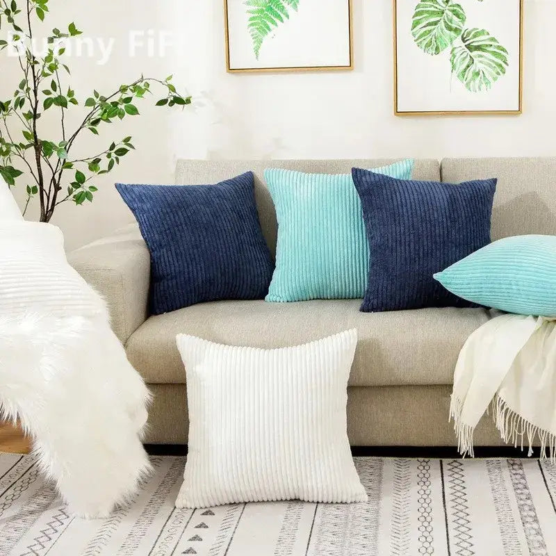 Set of four navy blue teal and white corduroy striped cushion covers from decorbites for living room decor