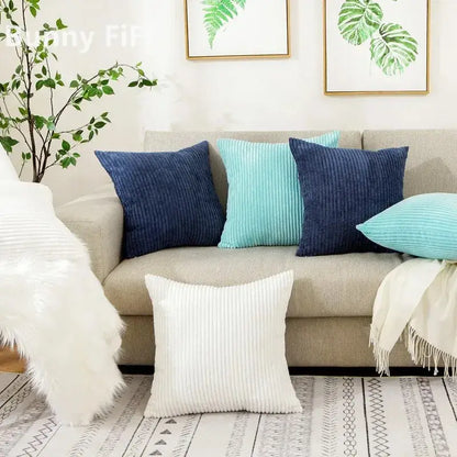 Set of four navy blue teal and white corduroy striped cushion covers from decorbites for living room decor