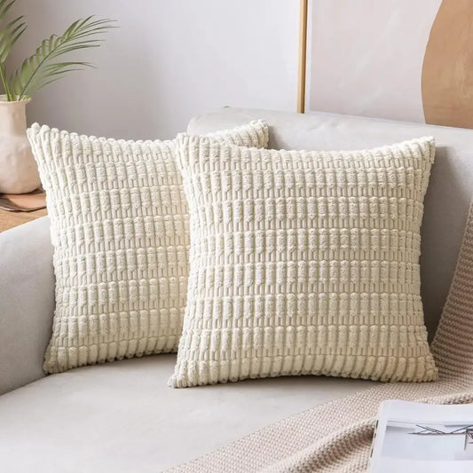 Cream corduroy striped throw pillow covers in textured ribbed fabric for living room decor by decorbites