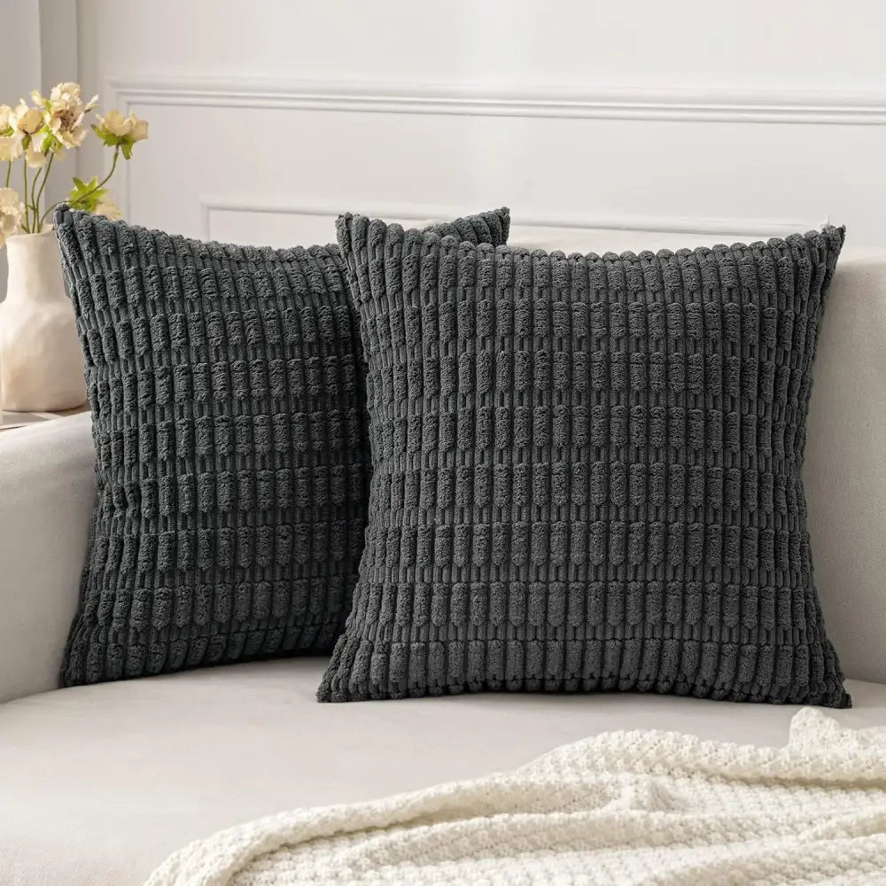 Dark gray textured corduroy striped throw pillow covers from decorbites suitable for living room decor