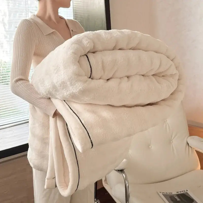 Cream cozy bubble faux rabbit fur blanket in cream with soft plush texture and subtle black piping decorbites cozy bubble