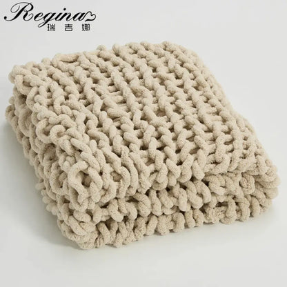 Beige chenille chunky knit throw blanket with a soft textured surface from decorbites cozy chenille bedroom decor