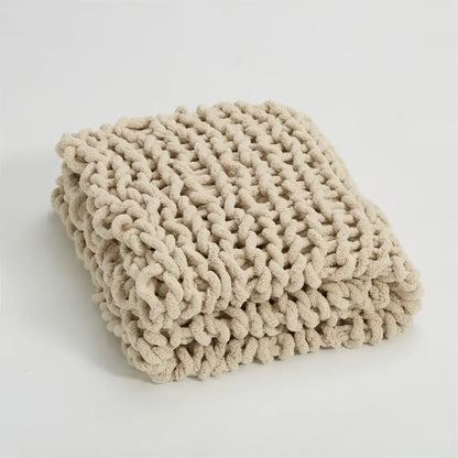 Beige chenille chunky knit throw blanket with cozy textured pattern perfect for decorbites cozy chenille bedroom decor