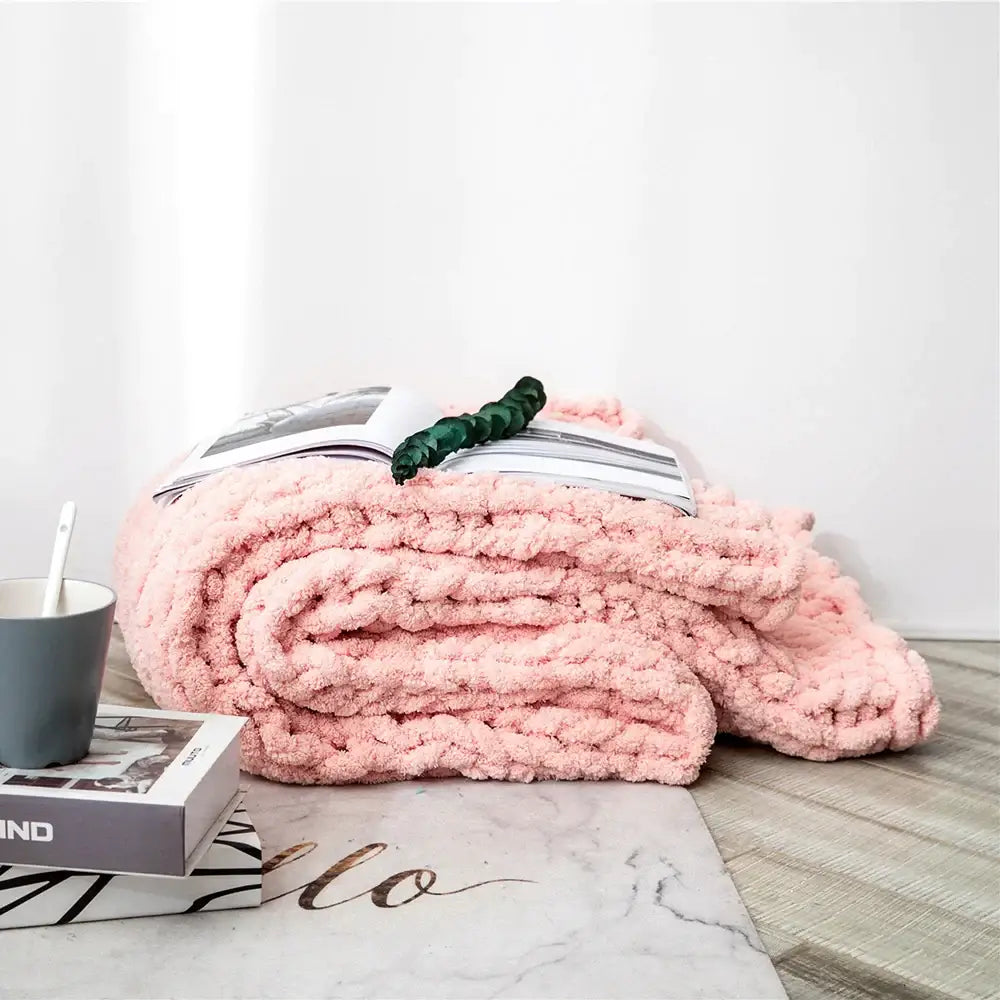 A soft fluffy pink chenille chunky knit throw blanket with cozy textured surface for bedroom decorbites cozy chenille