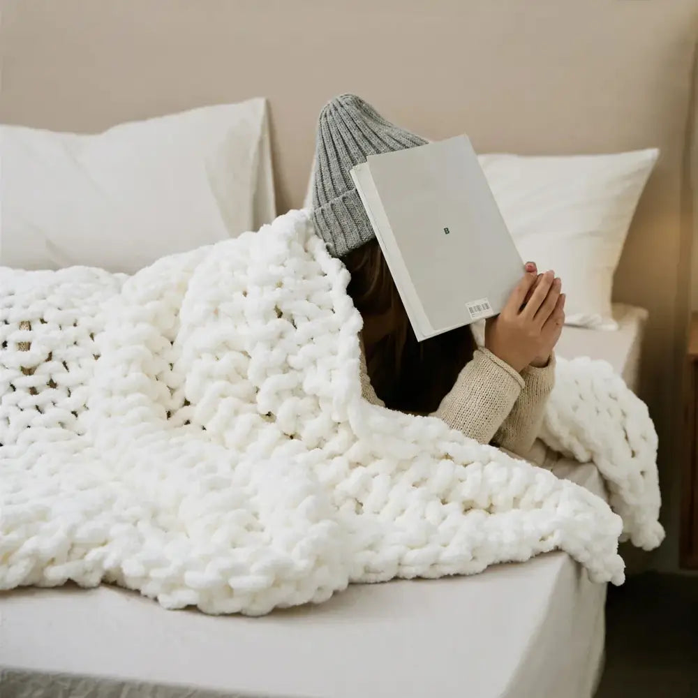 Cream cozy chenille chunky knit blanket in white with a soft textured surface ideal for bedroom decorbites cozy chenille