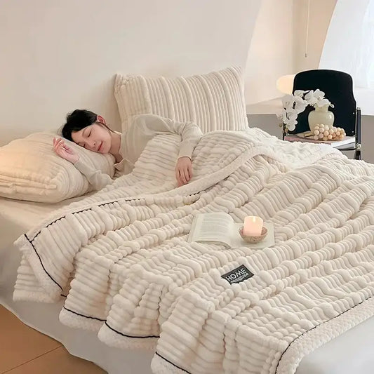 Cream cozy faux rabbit plush blanket with cream color and black piping edge perfect for bedroom decorbites cozy faux use