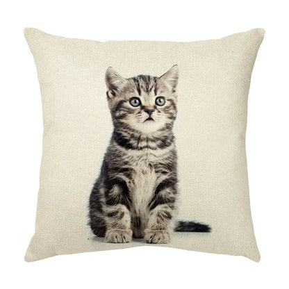 Beige linen throw pillow with a cute cat face printed of a tabby kitten for living room decorative use