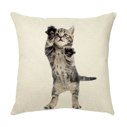 Beige linen throw pillow with a cute cat face decorative black and gray tabby kitten design for living room use