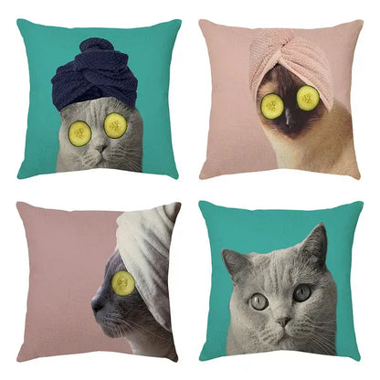 Set of four square cream cat face decorative cushion covers with cute cat face spa prints on teal and blush backgrounds