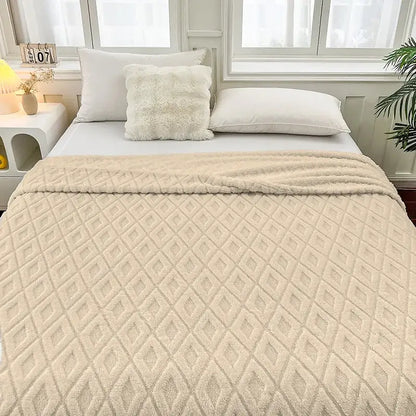 Cream diamond jacquard coral fleece blanket with plush quilted texture for cozy bedroom throw bedding