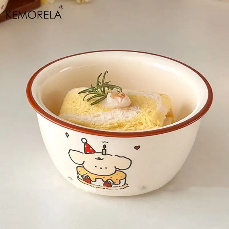 White ceramic soup bowl with brown rim and kemorela puppy cake illustration for decorbites carton ceramic use