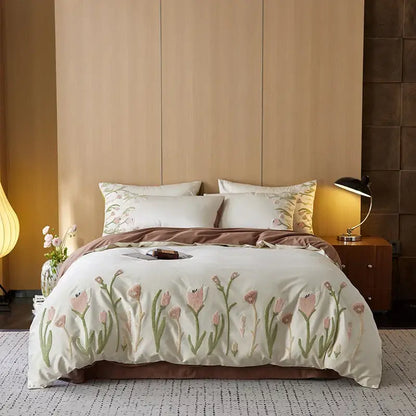 Cream egyptian cotton tulip embroidery bedding set with cream bedspread featuring delicate pink and green tulips