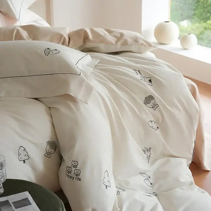 Cream embroidered brushed volcanic fleece bedding set in cream with black cartoon trees flowers and animals decorbites brushed volcanic