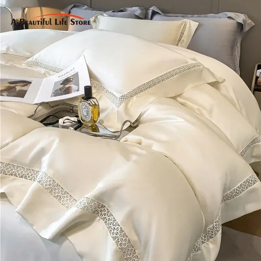 Cream eucalyptus fiber lace bedding set in cream color with delicate lace trim for elegant bedroom decorbites eucalyptus fiber