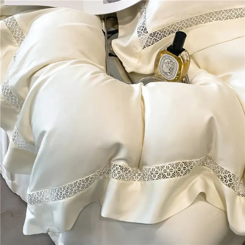 Cream eucalyptus fiber lace bedding set in cream satin with delicate lace trim for bedroom comfort by decorbites eucalyptus fiber