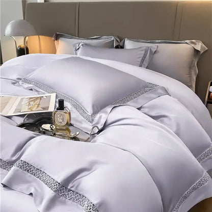 Luxurious silver-gray satin bedding set with delicate lace trim made from cream eucalyptus fiber for bedroom comfort decorbites eucalyptus fiber