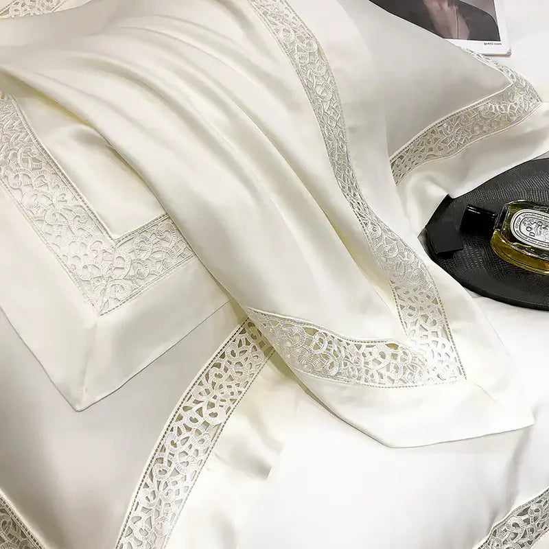 Elegant ivory satin pillowcase with silver lace trim from cream eucalyptus lyocell 1000tc bedding set decorbites eucalyptus lyocell