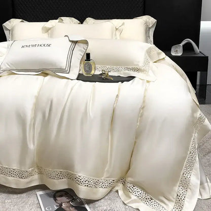 Cream eucalyptus lyocell 1000tc bedding set with cream satin pillow embroidered love we house and lace trim decorbites style