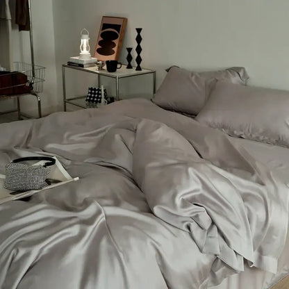 Cream eucalyptus lyocell luxury bedding set in sleek silver-gray satin with a smooth glossy finish for bedroom decorbites eucalyptus lyocell