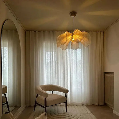 Cream warm-toned fabric flower chandelier with petal-shaped woven fabric pendant light for dining room illumination