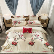 Cream floral 200s embroidery egyptian cotton bedding set in cream with red and green satin embroidered duvet cover and pillow sham