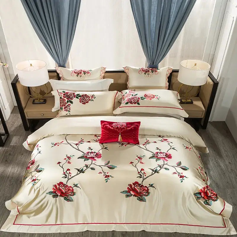 Cream floral 200s embroidery egyptian cotton bedding set with satin duvet cover and matching embroidered pillow sham