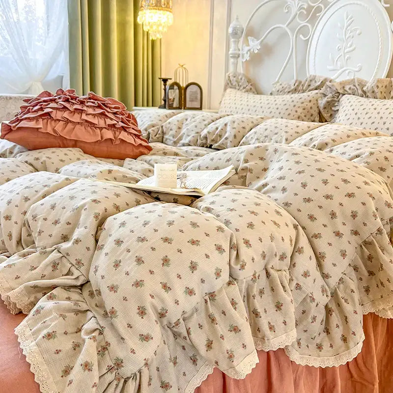 Beige floral bedding set with lace ruffles and double layer lace trim featuring ruffled edges for bedroom decor