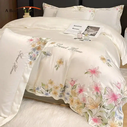 Cream floral embroidery silky duvet set in cream satin with soft pink yellow and blue flowers embroidery and sweet home decorbites