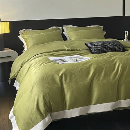 Olive green satin jacquard bedding set with subtle floral embroidery and white piping by decorbites for elegant decor