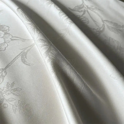 Cream floral jacquard bedding set featuring silk-like satin fabric with subtle silver floral pattern by decorbites jacquard bedding