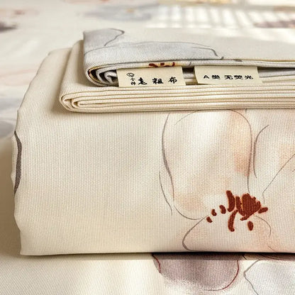 Cream flower print satin bed cover with beige linen and subtle floral embroidery for decorbites cooling cotton use