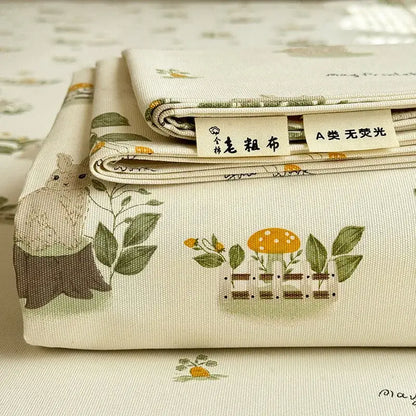 Cream flower print satin bed cover made of soft cream decorbites cooling cotton with botanical leaves and rabbits