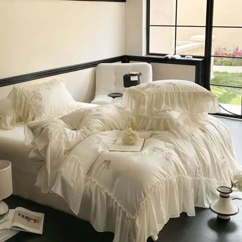 Cream-colored satin lyocell bedding set with lace ruffles and decorbites flowers embroidery for elegant bedroom decor