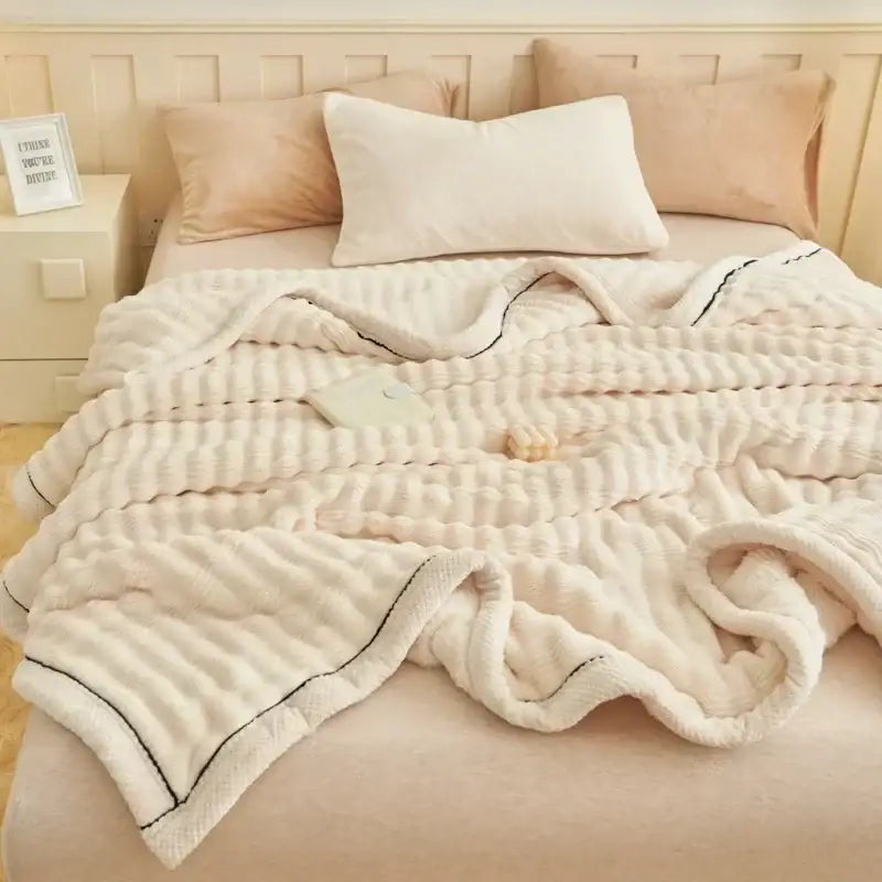 Cream fluffy rabbit plush quilted blanket with black stitched trim for warm bedroom decorbites fluffy rabbit bedding