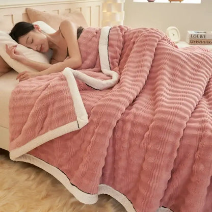 Pink plush rabbit plush quilted blanket with soft ribbed texture and cream fleece lining for warm bedroom decorbites fluffy rabbit