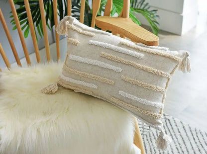 Beige cushion cover with cream geometric embroidery textured horizontal stripes and tassels for living room decorbites geometric embroidery