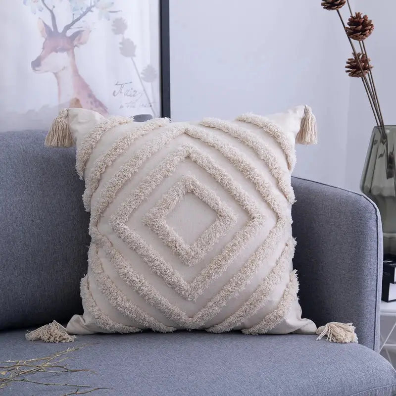 Cream cushion cover with textured geometric embroidery diamond pattern and tassels for living room decorbites decor