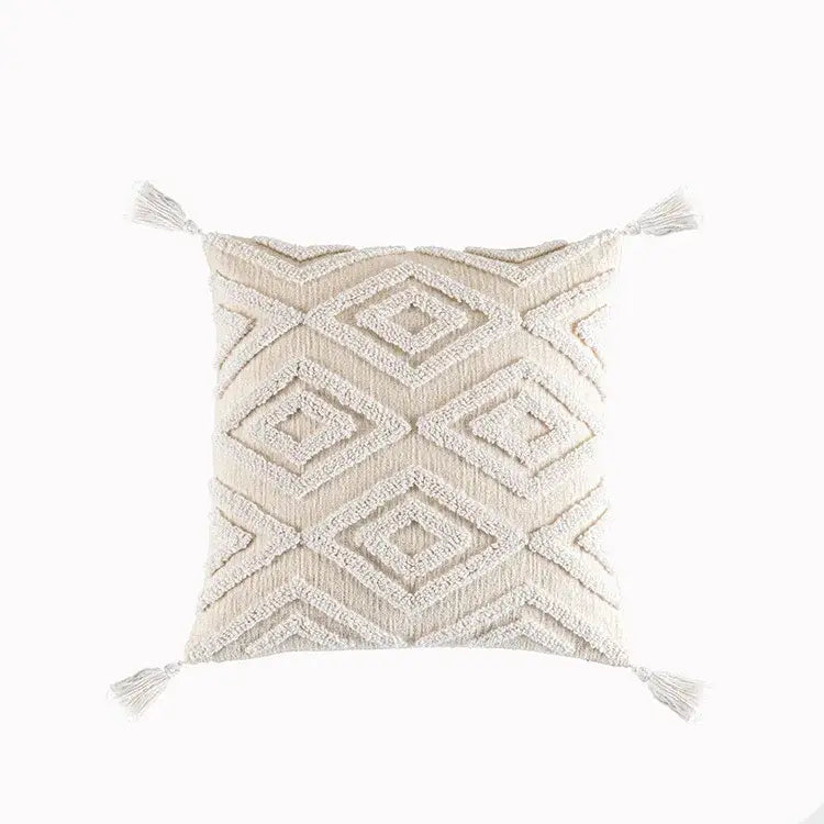 Beige cushion cover with geometric embroidery texture and tassels perfect for living room decorbites geometric embroidery